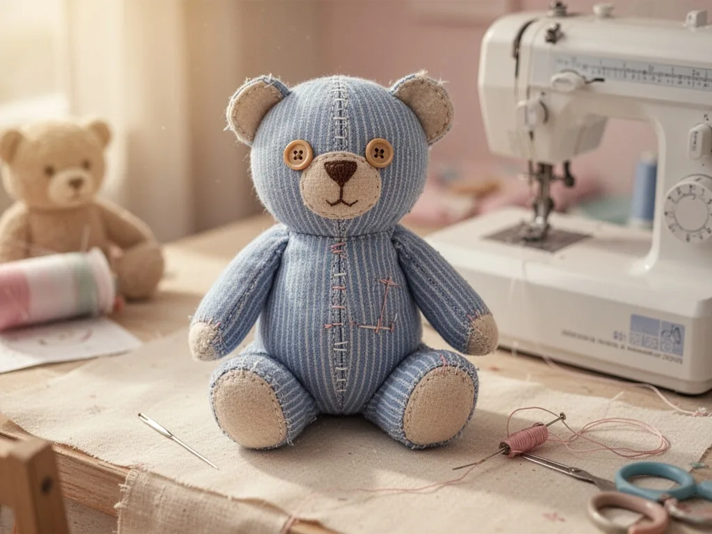 A handmade teddy bear from a father's blue striped shirt fabric, button eyes and mismatched stitches, on a sewing table 