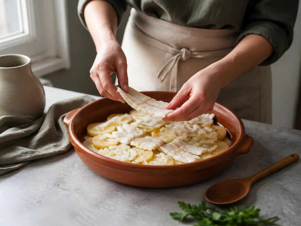 Photorealistic editorial photograph of hands layering salted cod, potatoes, onions, and cream in a ceramic baking dish,